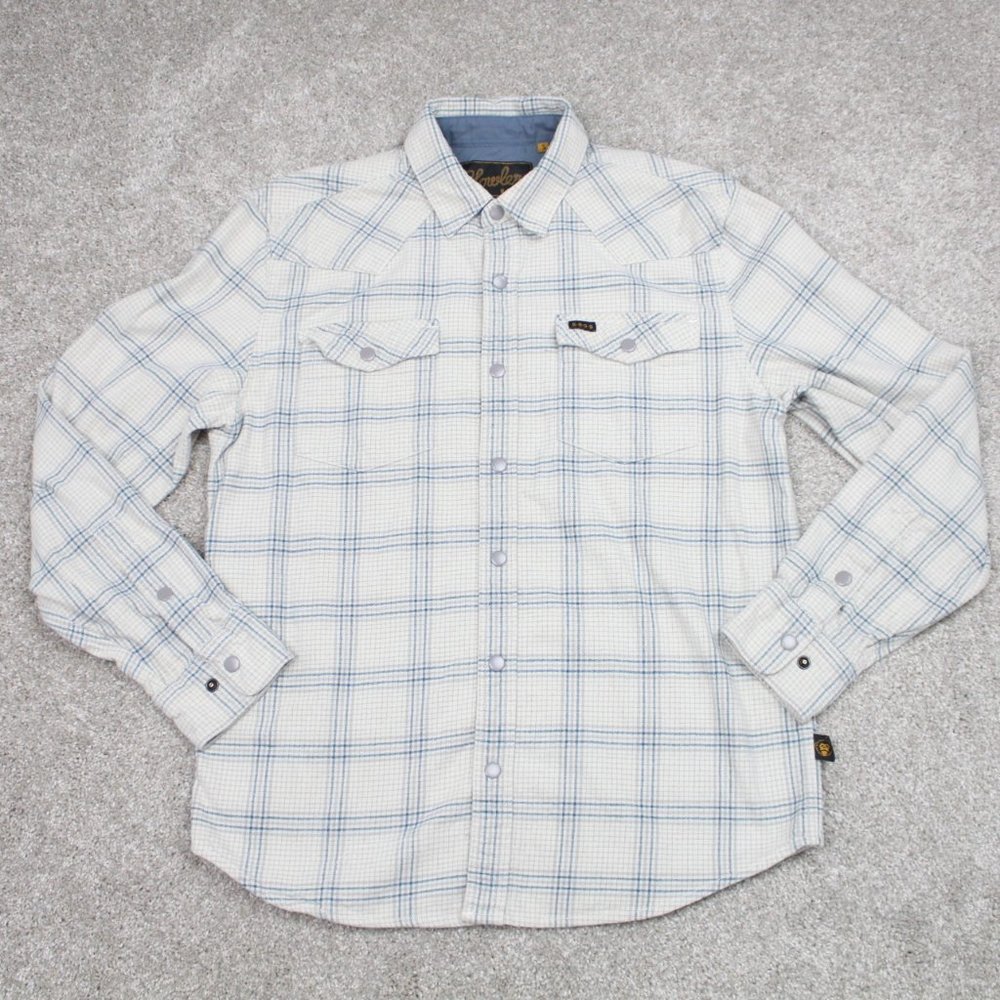 Howler Bros Shirt Men's Small Ivory/Blue Plaid Pearl Snap Long Sleeve Collared